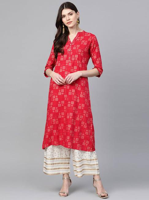 anubhutee coral & white printed kurta palazzo set