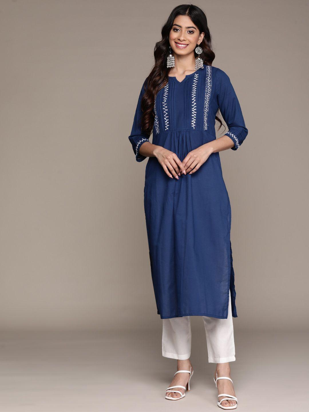 anubhutee embroidered pleated sequinned pure cotton kurta with trousers