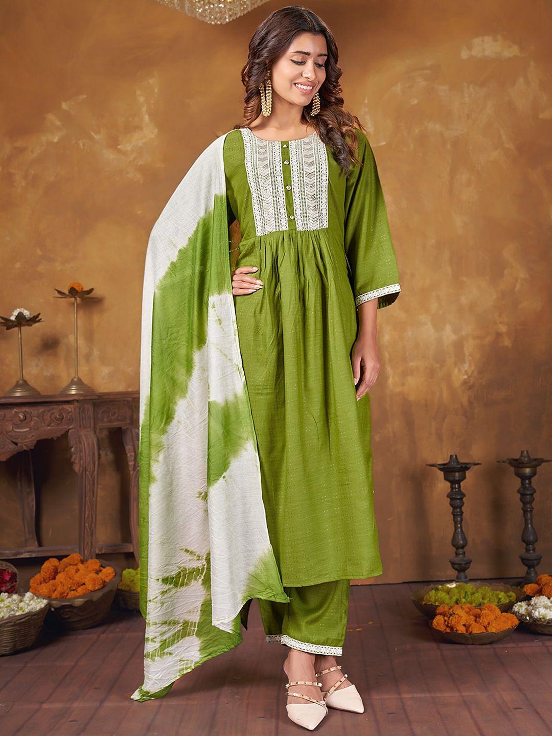 anubhutee ethnic motifs embroidered pleated kurta with trousers & dupatta