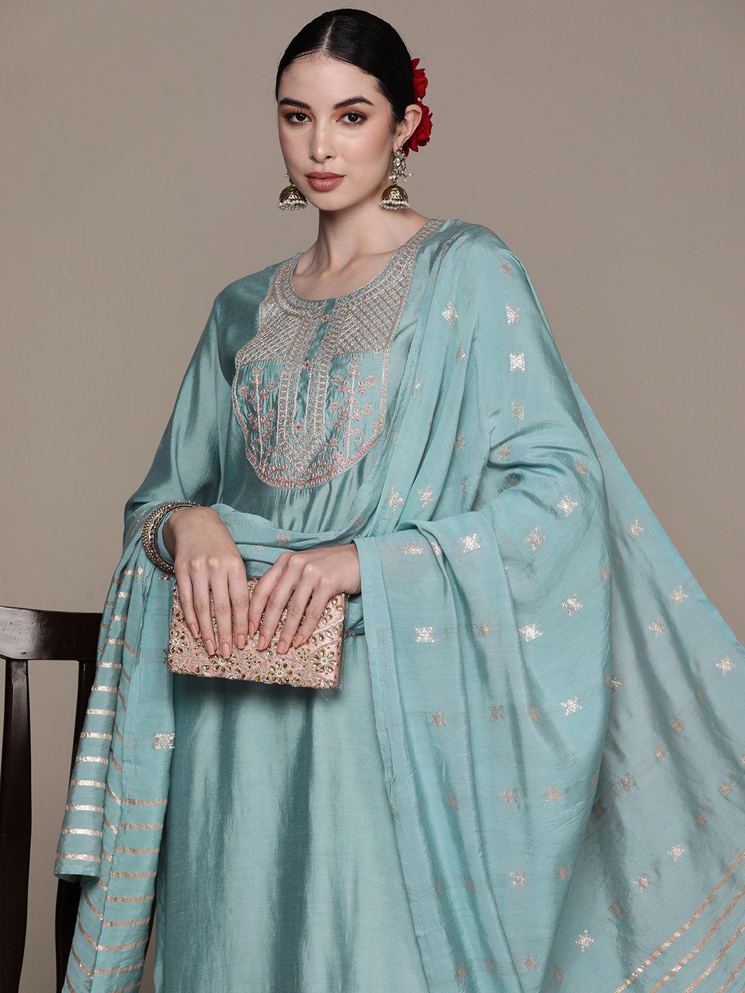 anubhutee ethnic motifs embroidered regular kurta with trousers & with dupatta