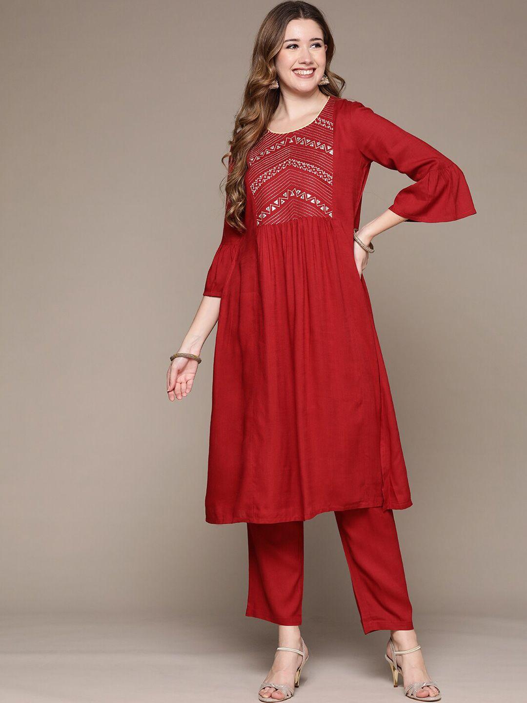 anubhutee ethnic motifs embroidered thread work bell sleeves kurta with trousers