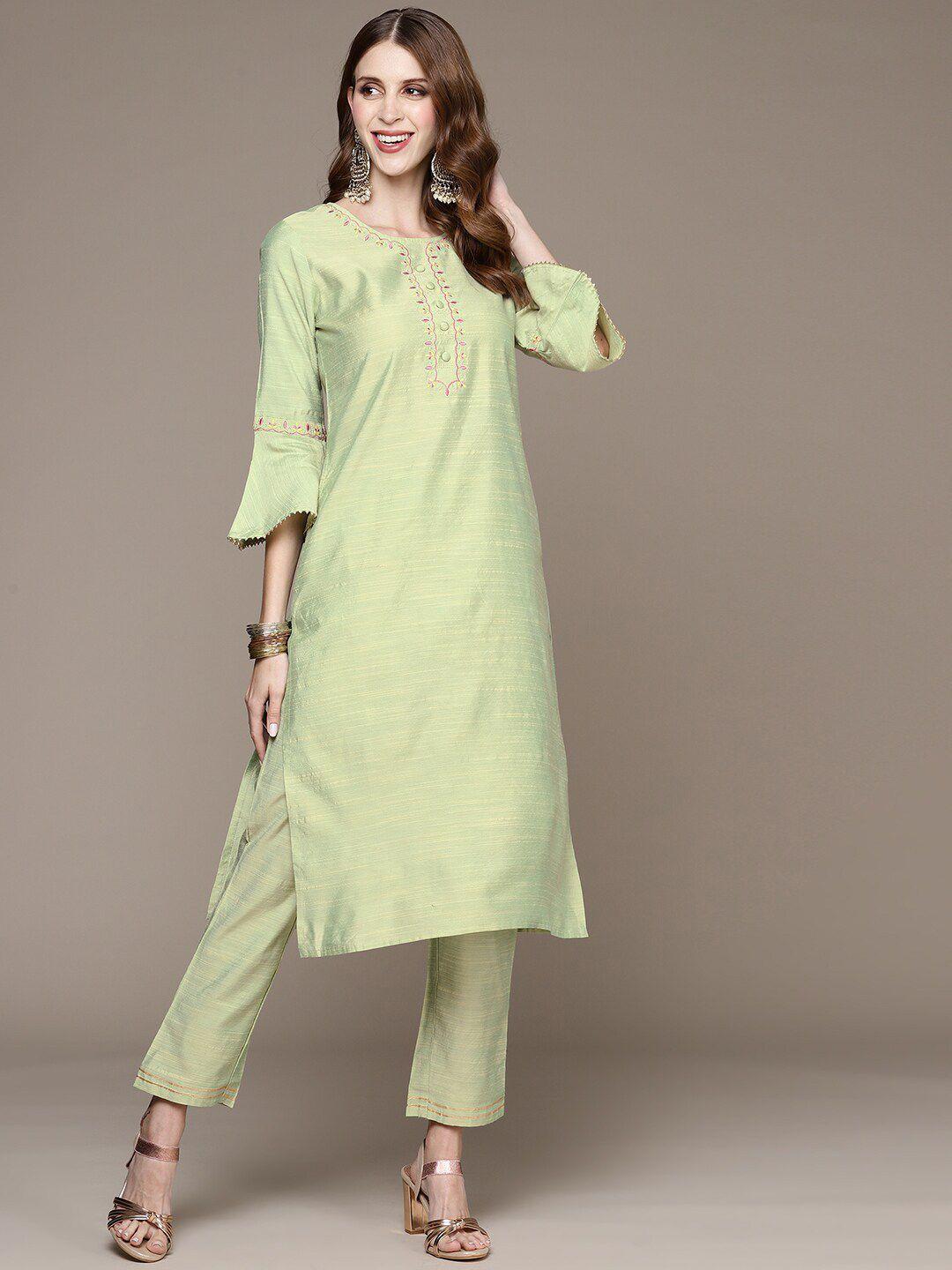 anubhutee ethnic motifs embroidered thread work pure cotton kurta with trousers