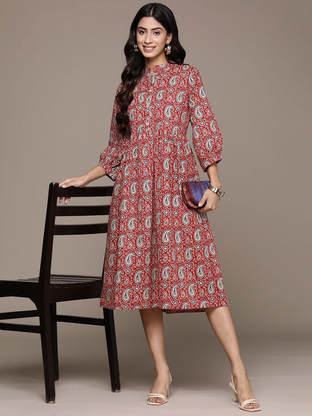 anubhutee ethnic motifs print a-line cotton midi dress