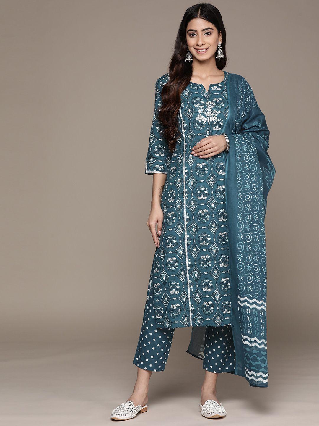 anubhutee ethnic motifs printed pure cotton kurta with trousers & with dupatta