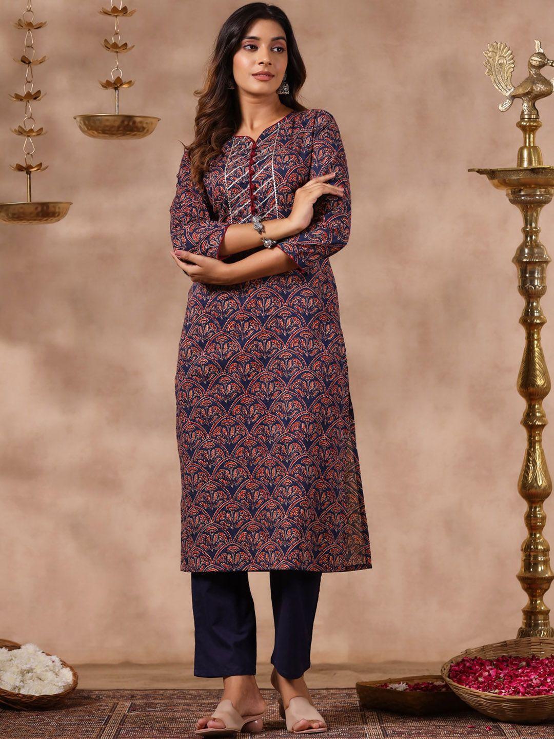 anubhutee ethnic motifs printed regular pure cotton kurta and trousers