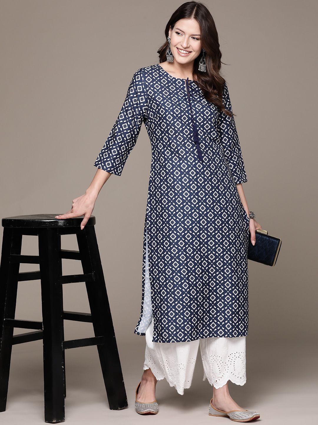 anubhutee ethnic motifs printed tie-up neck kurta