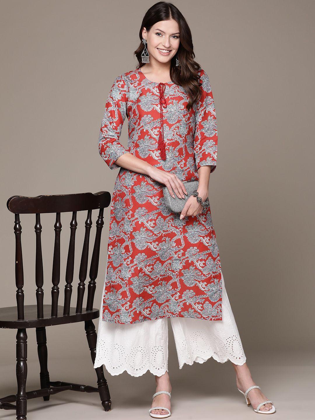 anubhutee ethnic motifs printed tie-up neck kurta