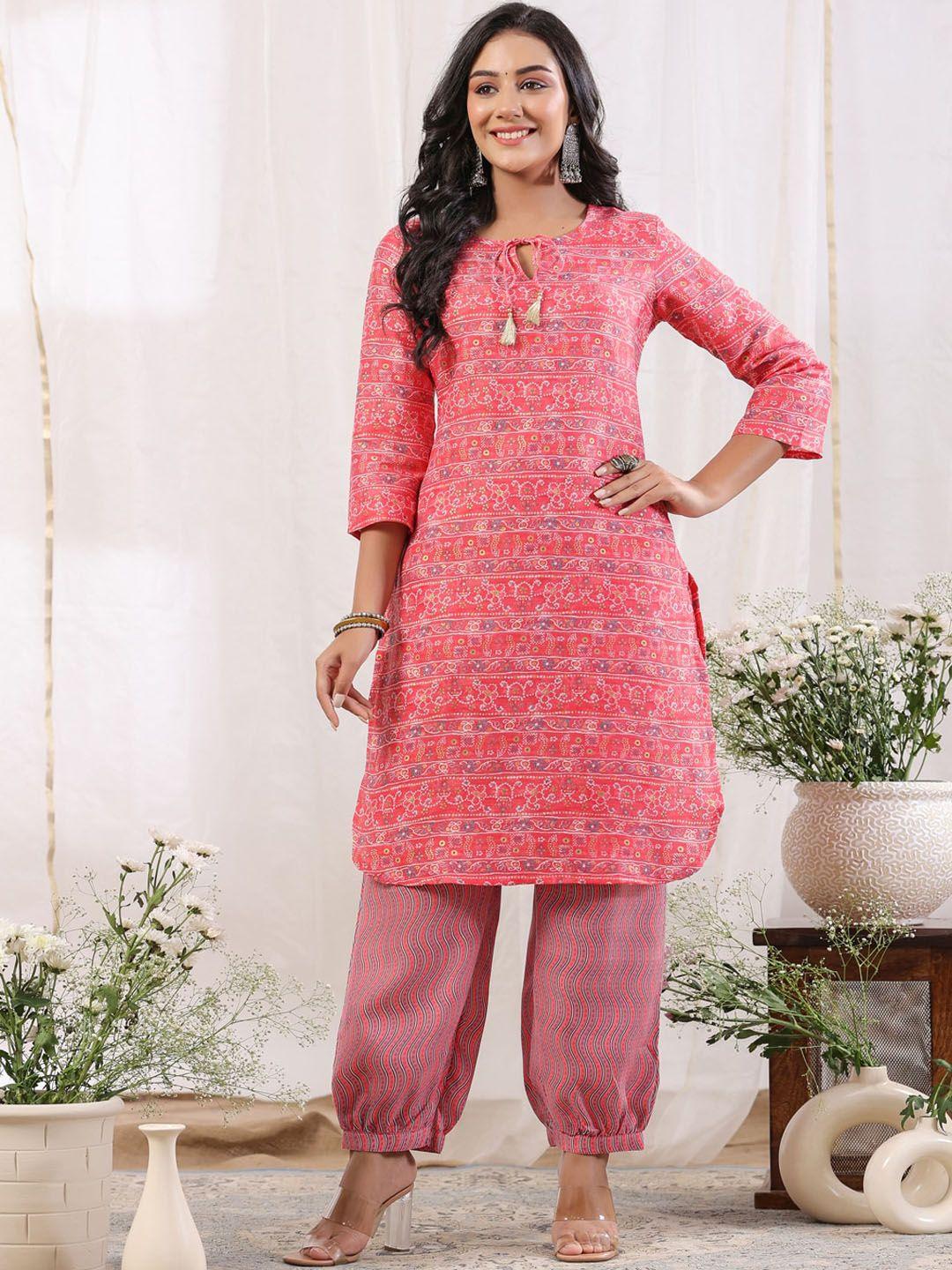 anubhutee ethnic motifs printed tie-up neck regular kurta with salwar