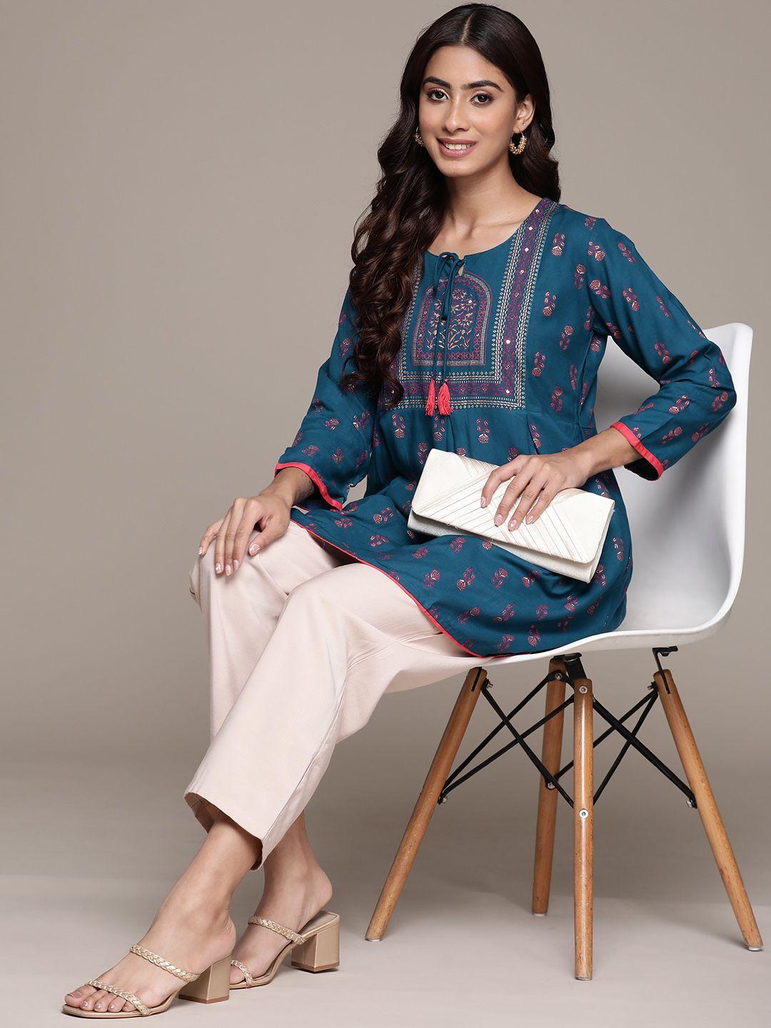 anubhutee ethnic motifs printed tie-up neck sequinned kurti