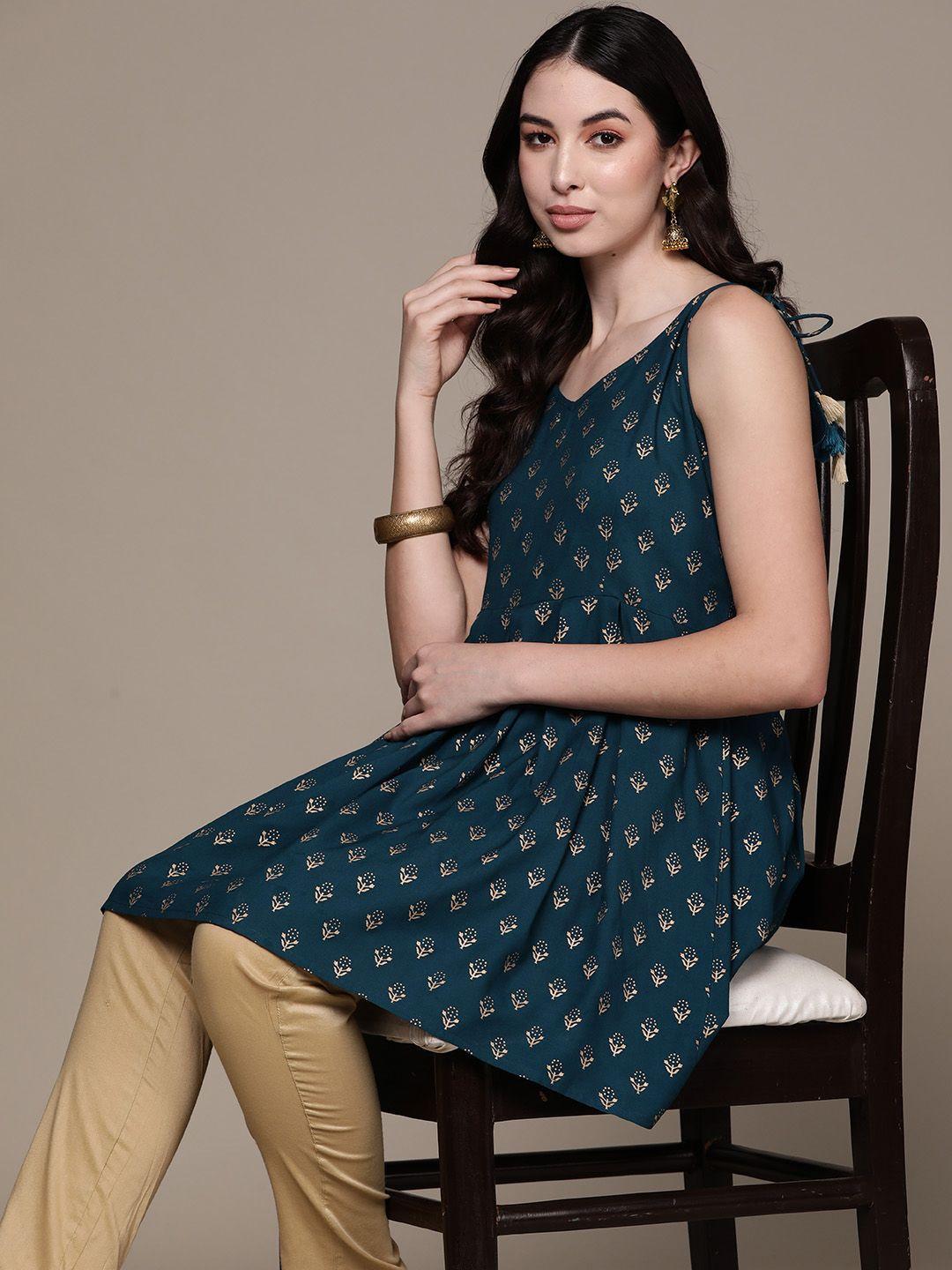 anubhutee ethnic motifs printed v-neck pleated kurti