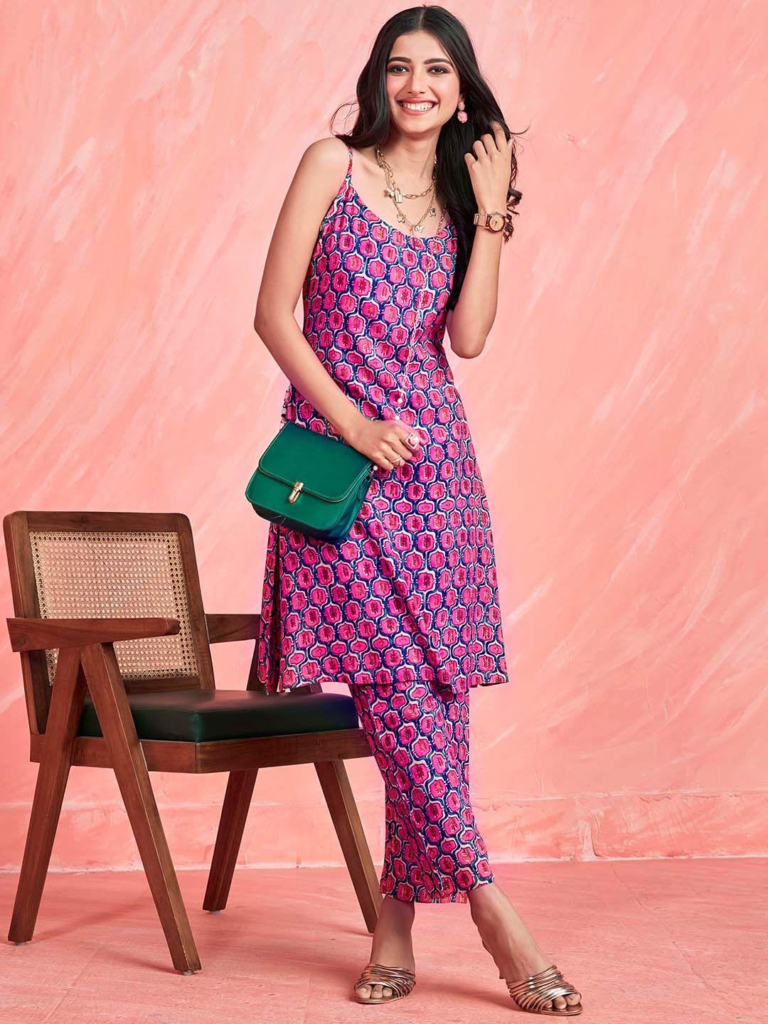 anubhutee ethnic motifs shoulder straps sleeveless pure cotton a-line kurta & trousers