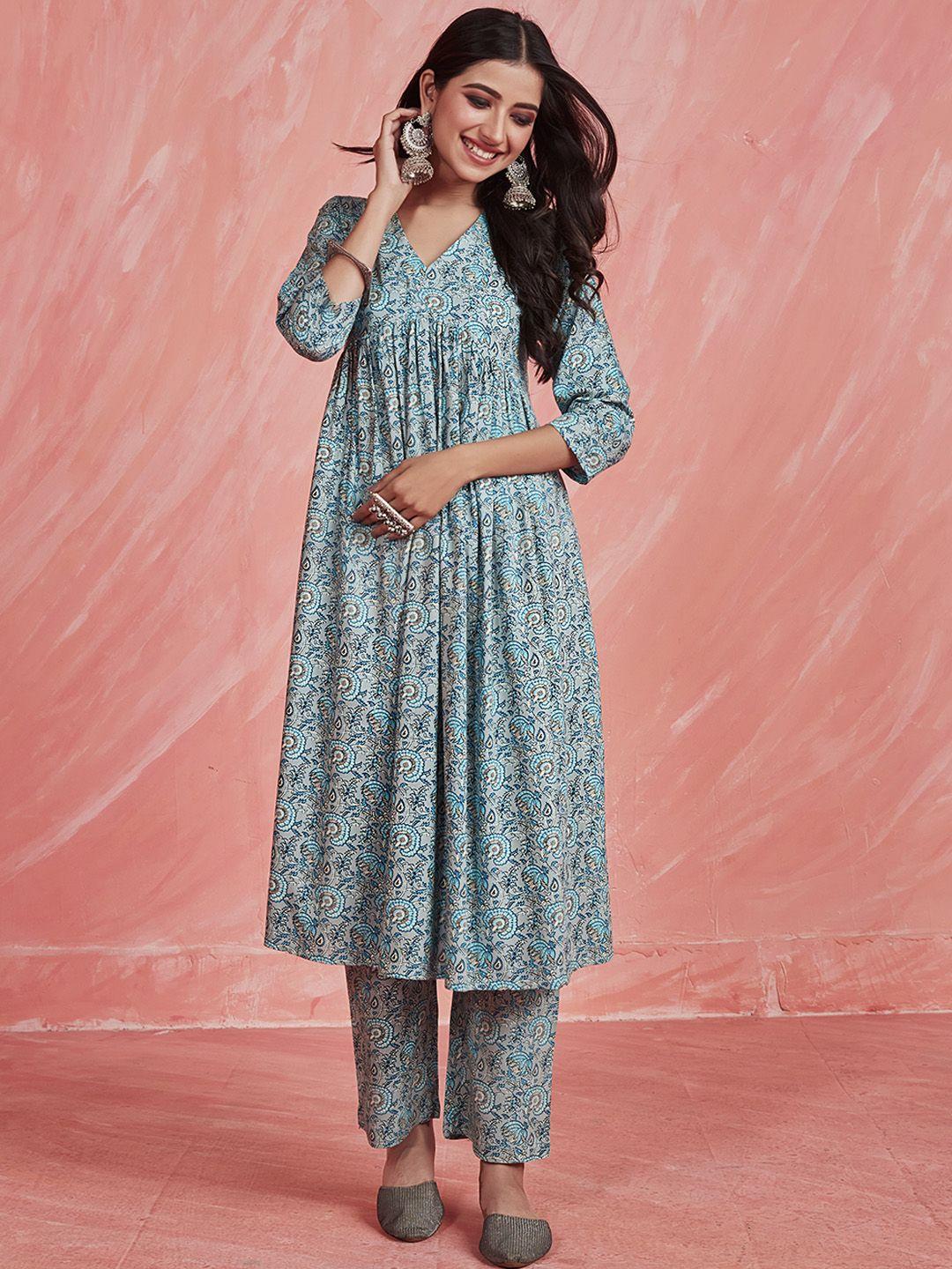 anubhutee ethnic motifs v-neck regular sleeves empire flared pure cotton kurta & trousers