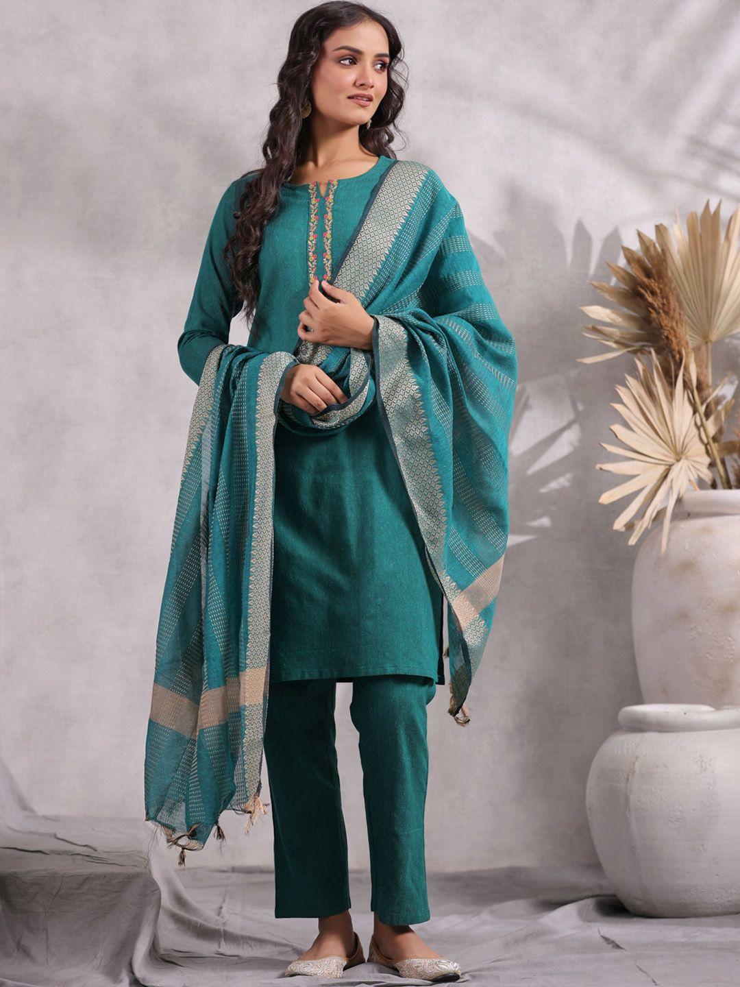 anubhutee ethnic motifs yoke design thread work pure cotton kurta with trousers & dupatta