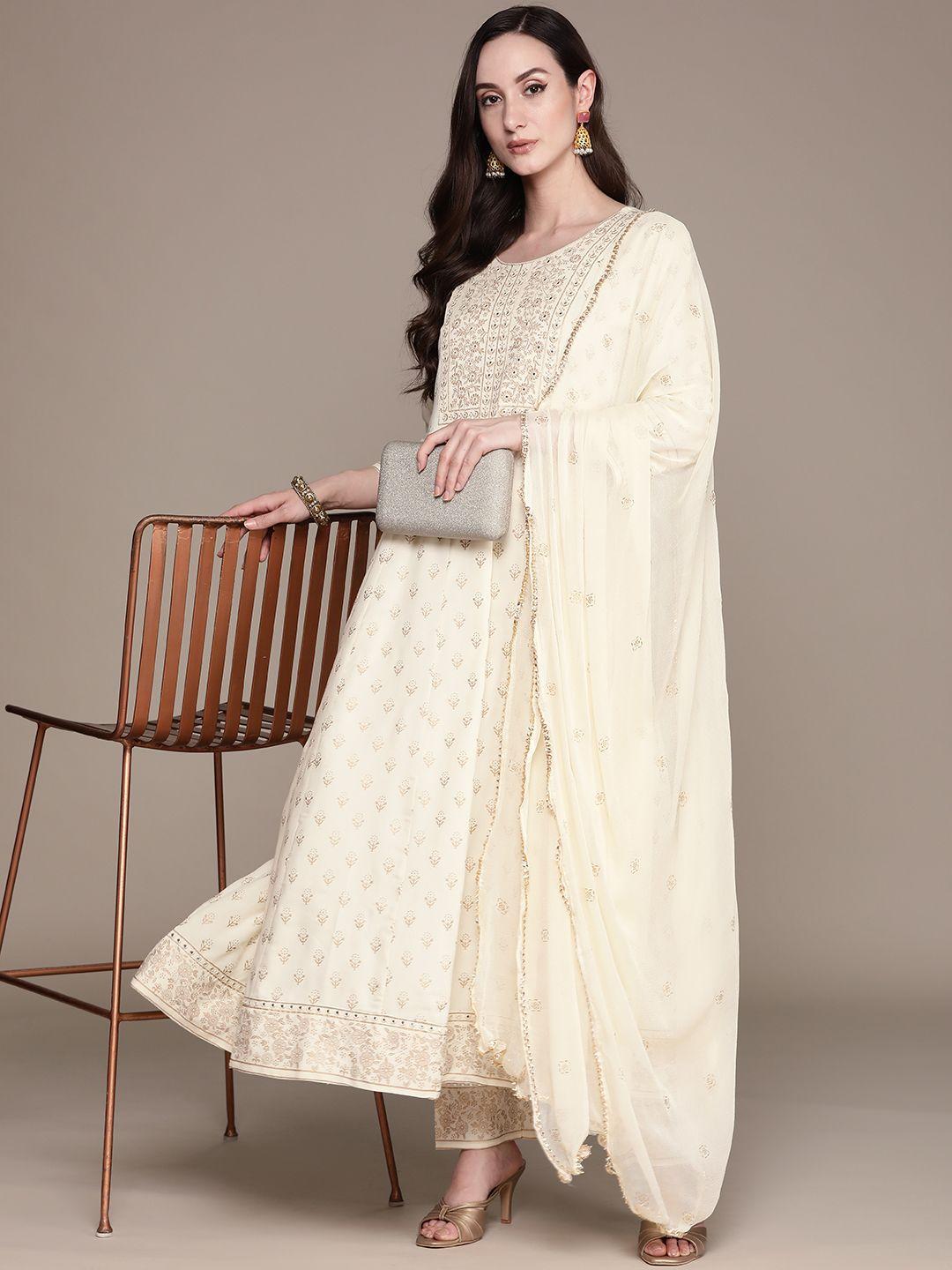 anubhutee floral embroidered regular mirror work kurta with trousers & with dupatta