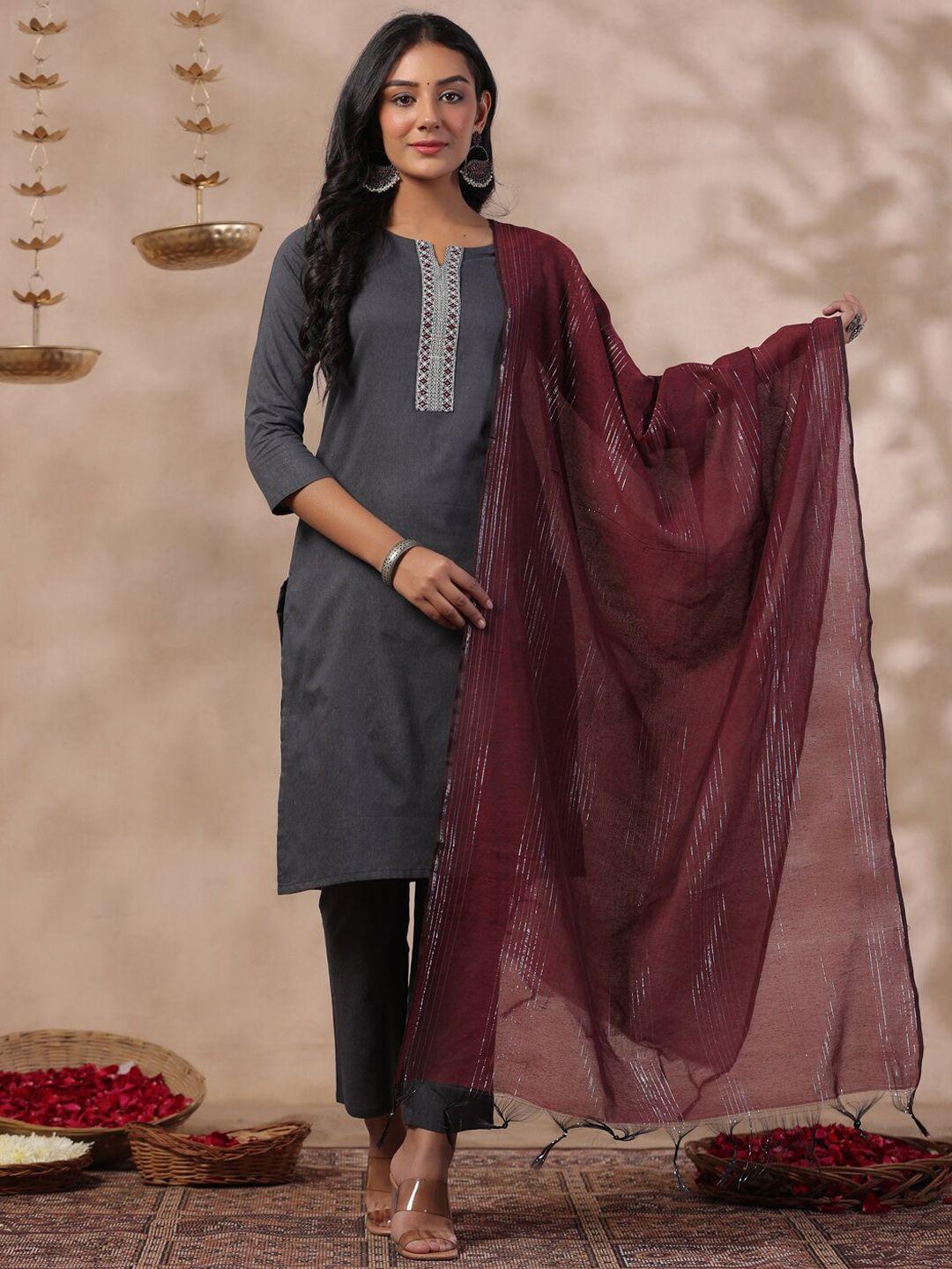 anubhutee floral embroidered round neck straight kurta with trousers & dupatta