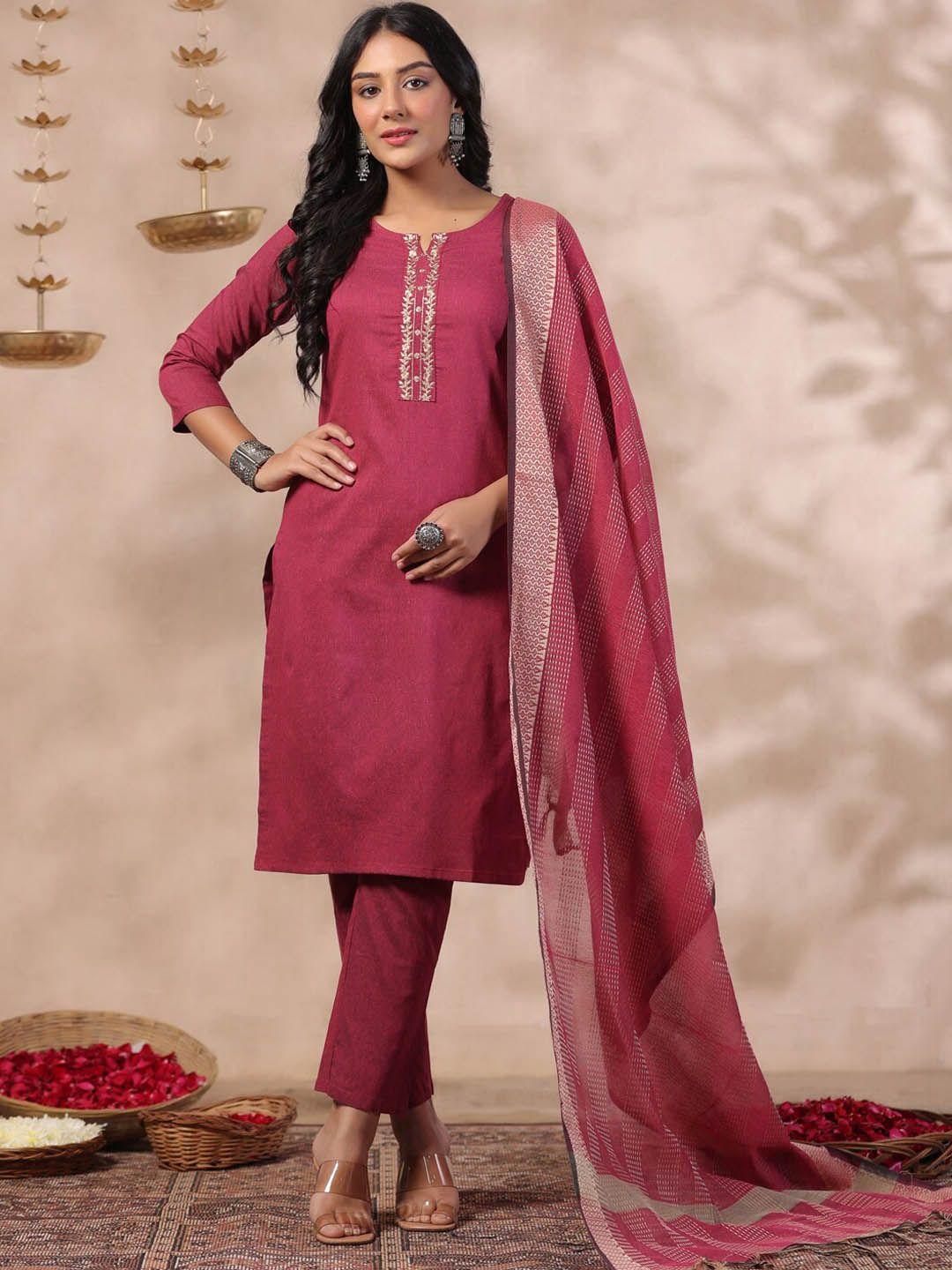 anubhutee floral embroidered round neck straight kurta with trousers & dupatta