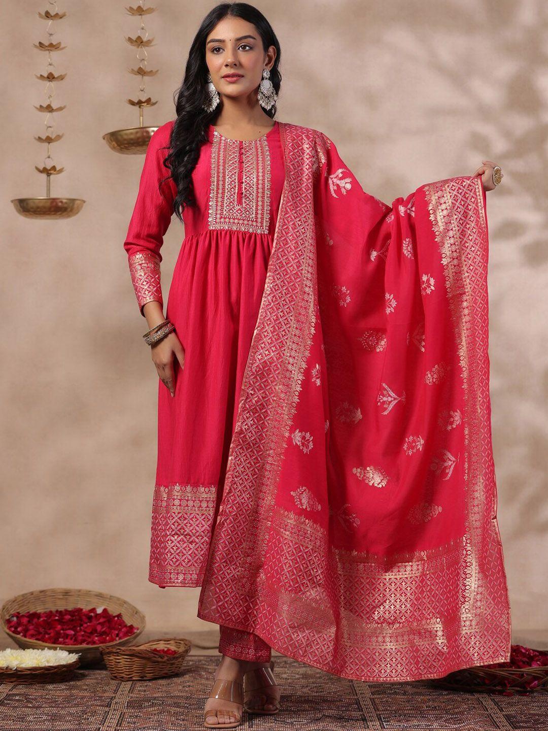 anubhutee floral embroidered round neck straight kurta with trousers & dupatta