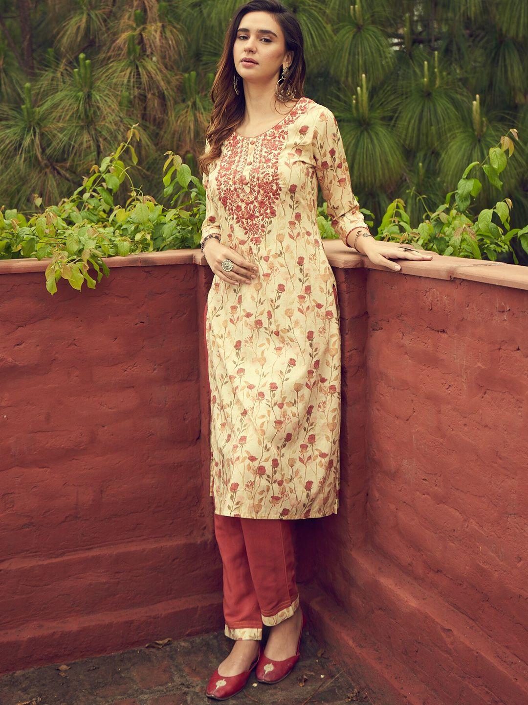 anubhutee floral embroidered thread work straight kurta