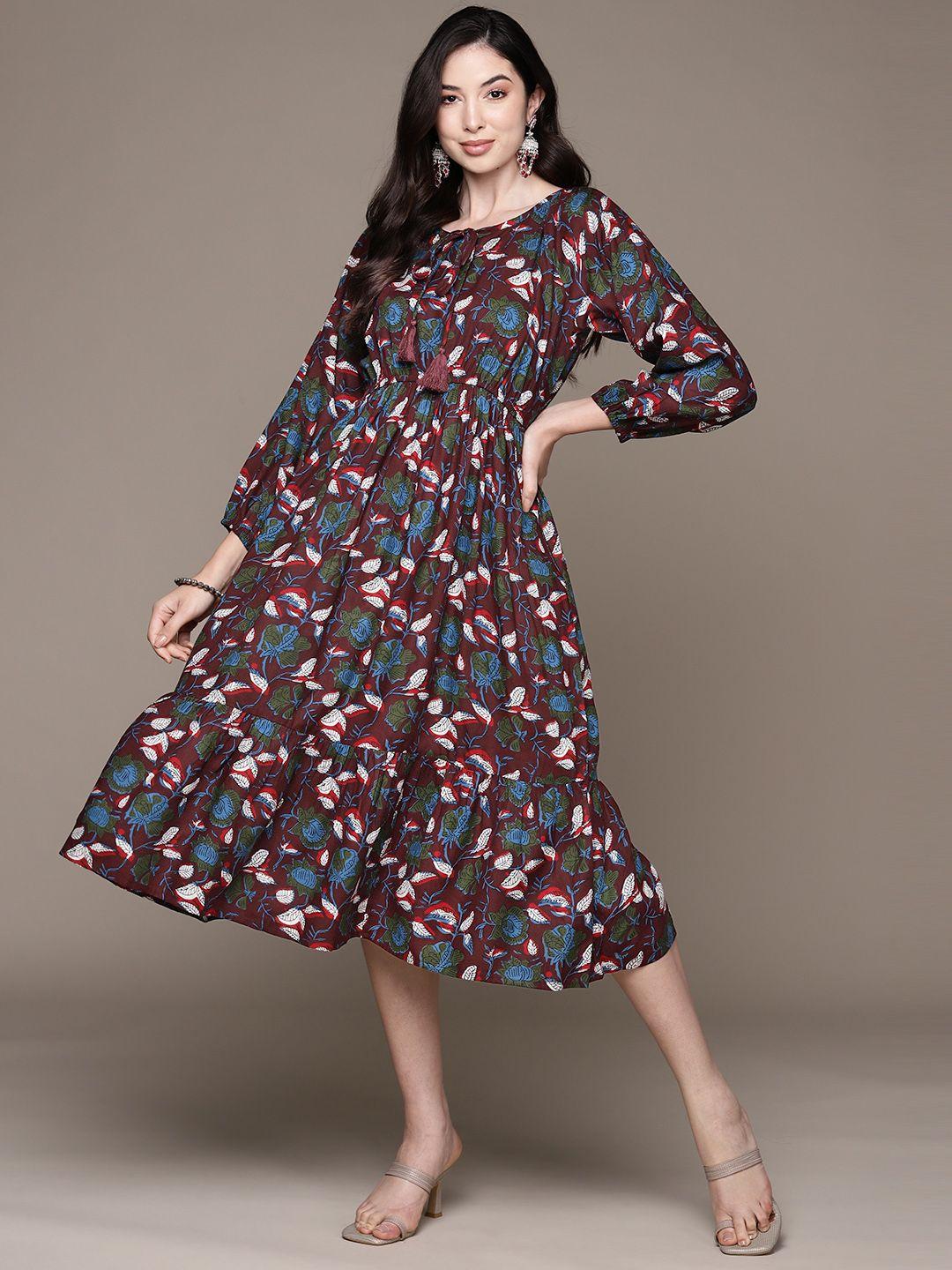 anubhutee floral print tie-up neck puff sleeves fit & flare dress