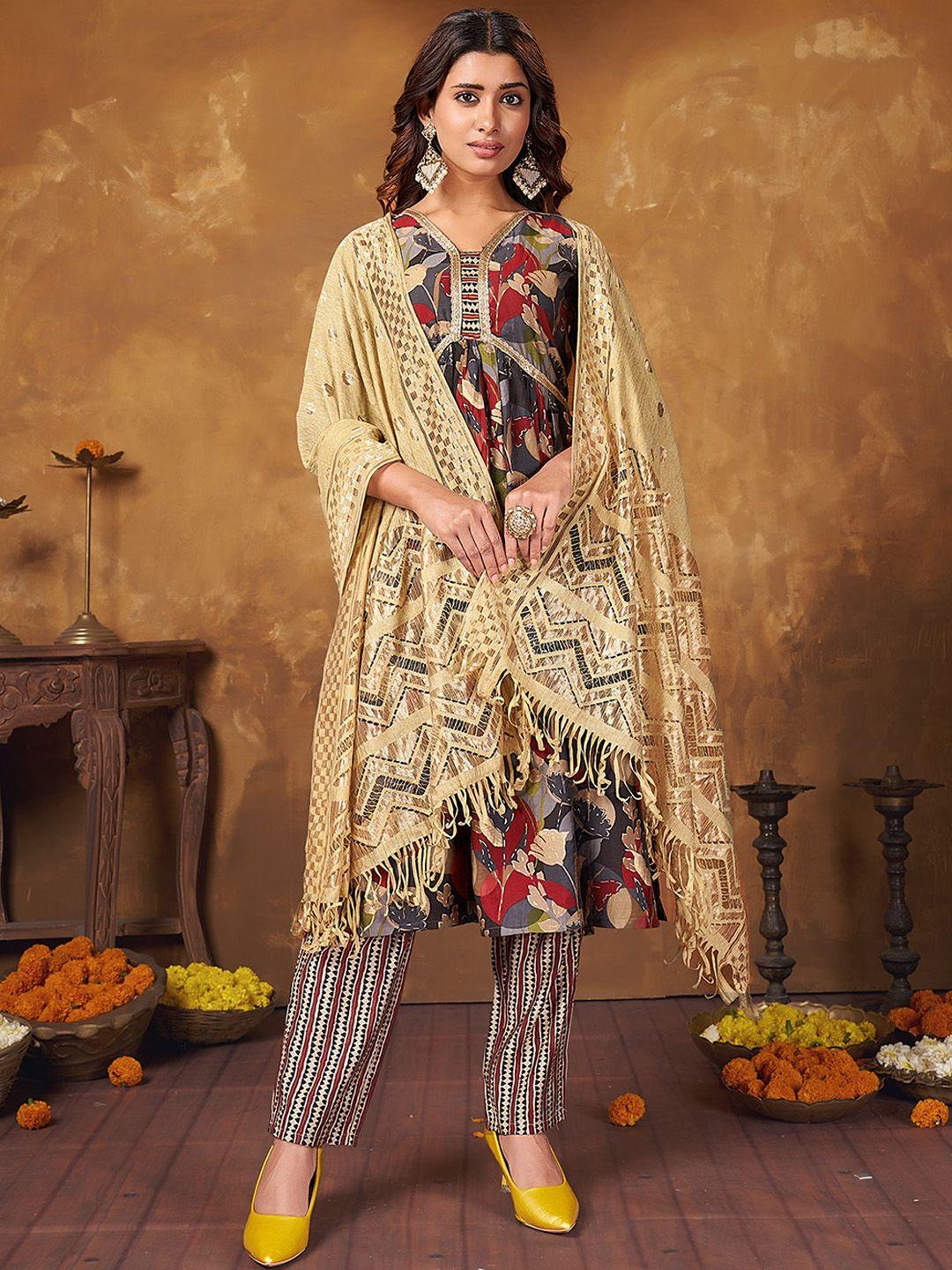 anubhutee floral printed empire gotta patti kurta with trousers & dupatta