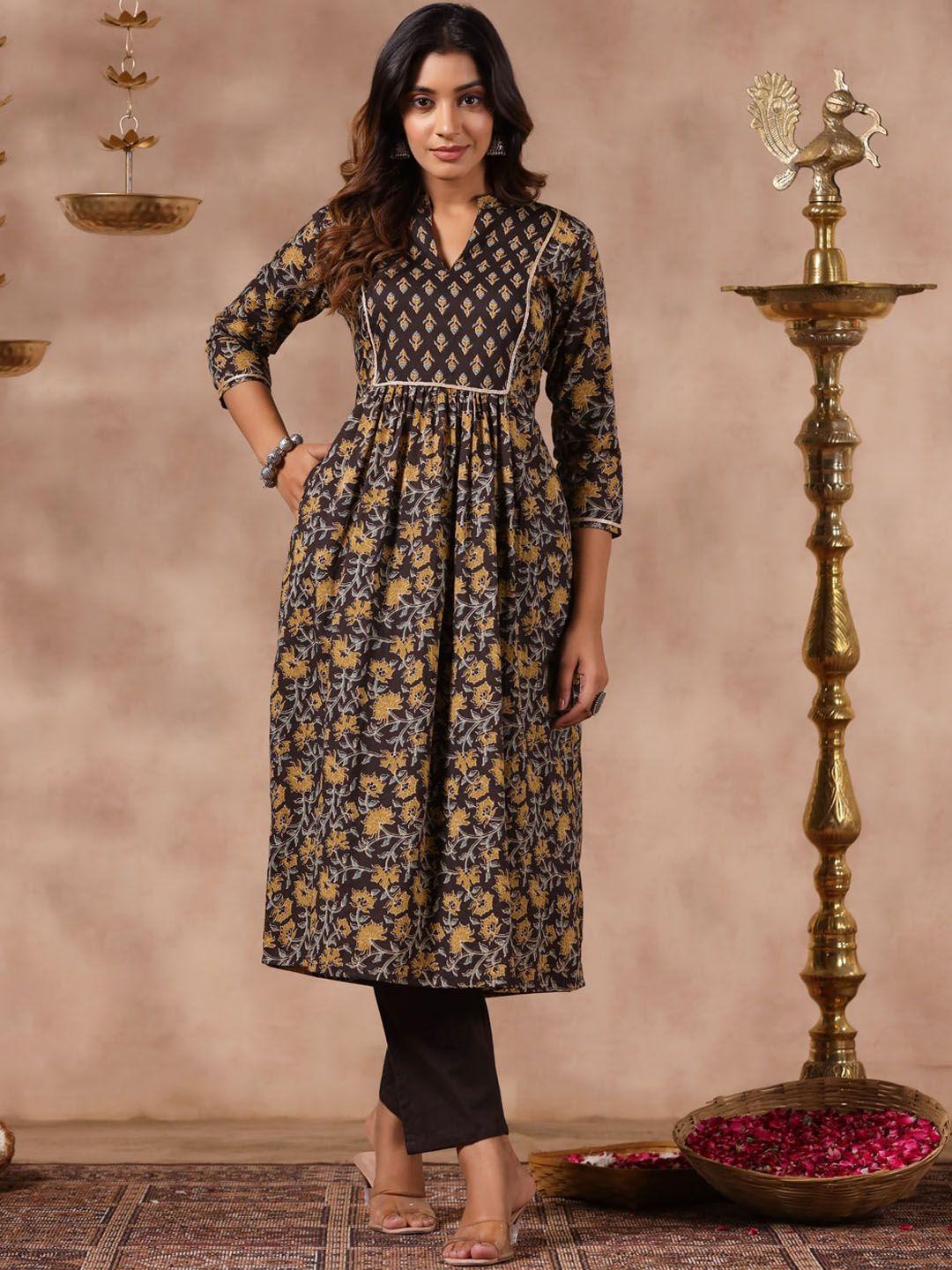 anubhutee floral printed mandarin collar regular pure cotton a-line kurta with trousers