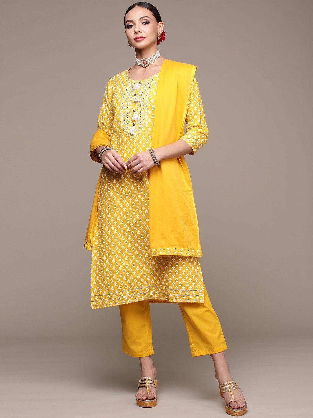 anubhutee floral printed mirror work pure cotton kurta with trousers & dupatta