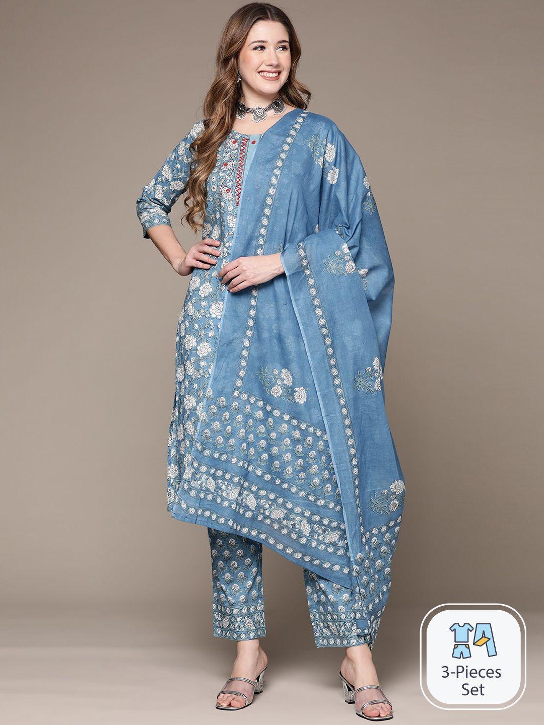 anubhutee floral printed mirror work pure cotton straight kurta with trousers & dupatta