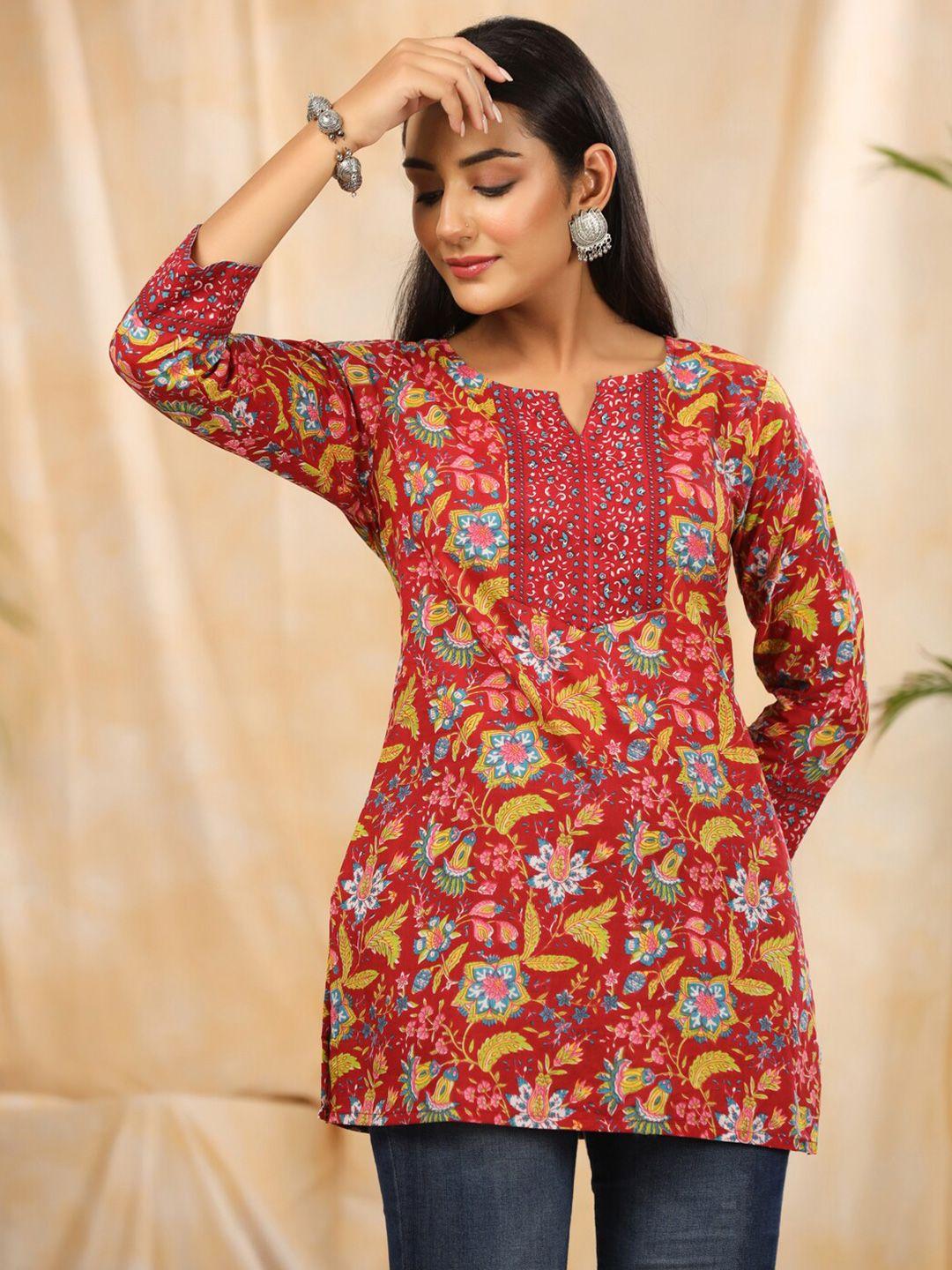 anubhutee floral printed notched round neck pure cotton straight kurti
