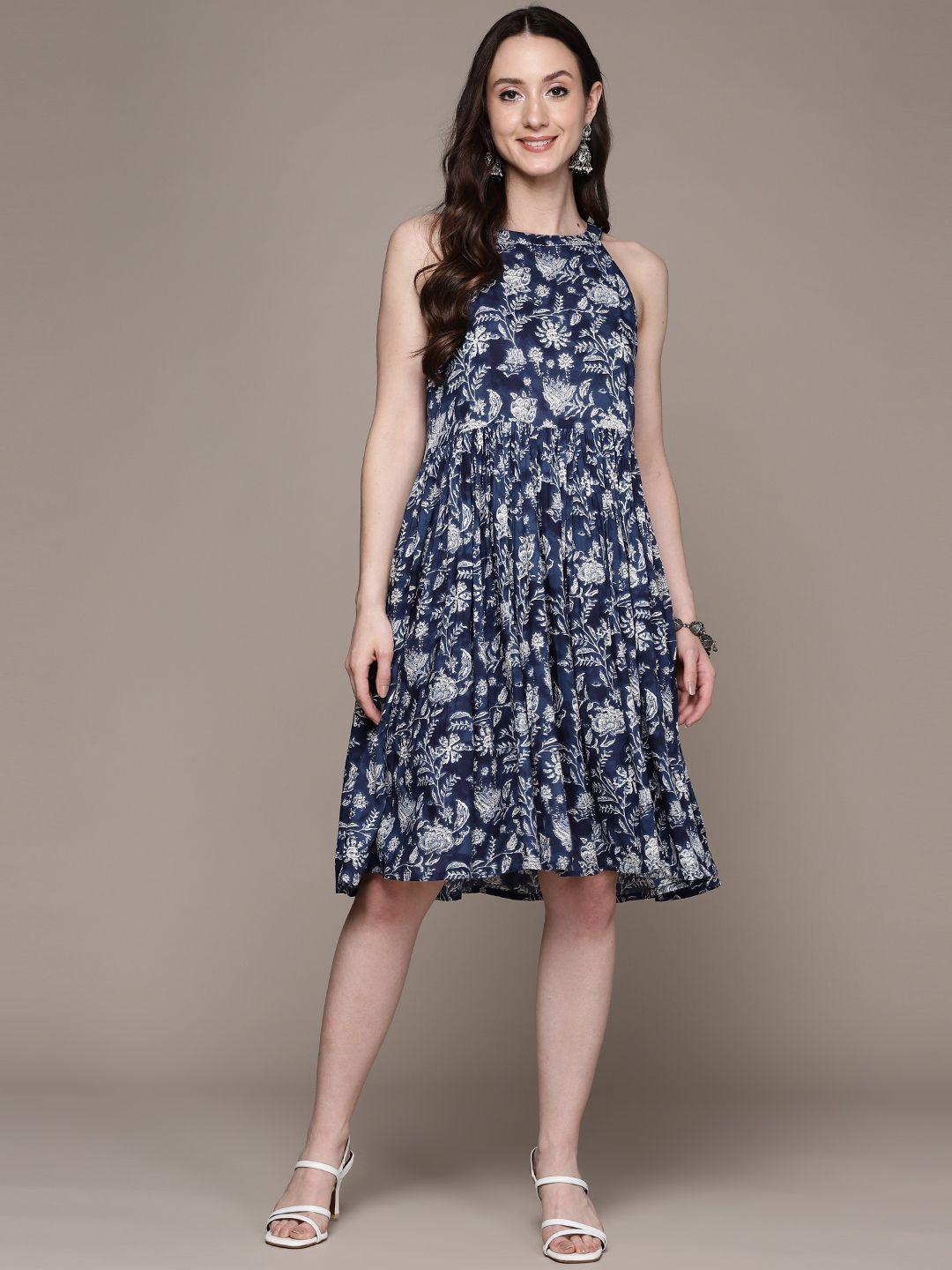 anubhutee floral printed pleated halter neck a-line dress