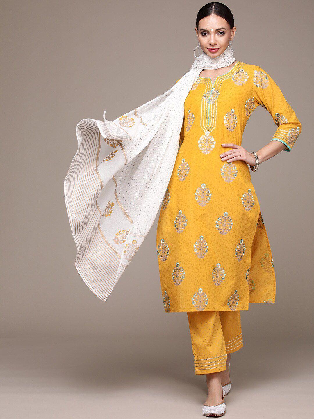 anubhutee floral printed pure cotton kurta with trousers & dupatta