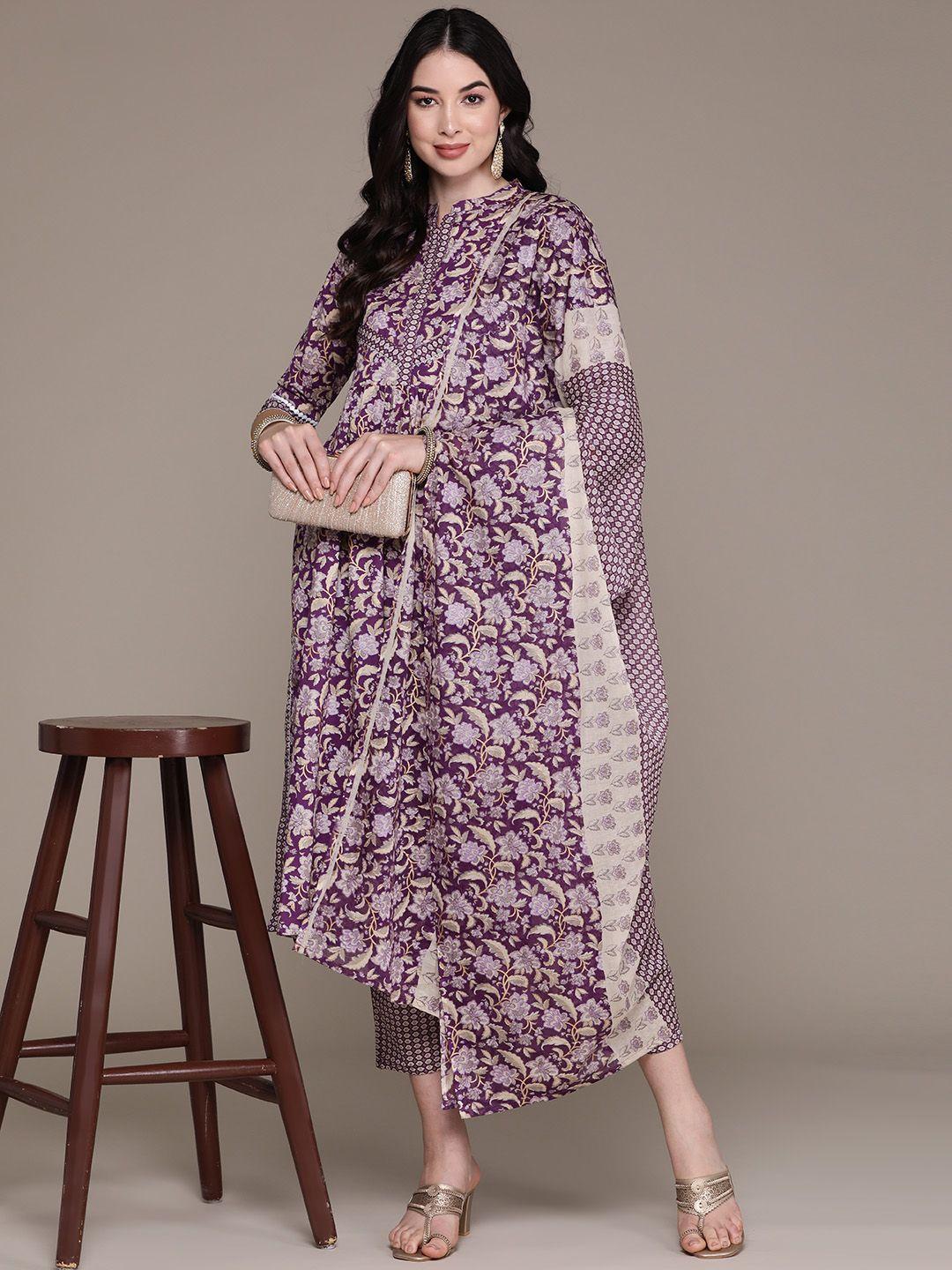 anubhutee floral printed regular sequinned pure cotton kurta with trousers & with dupatta