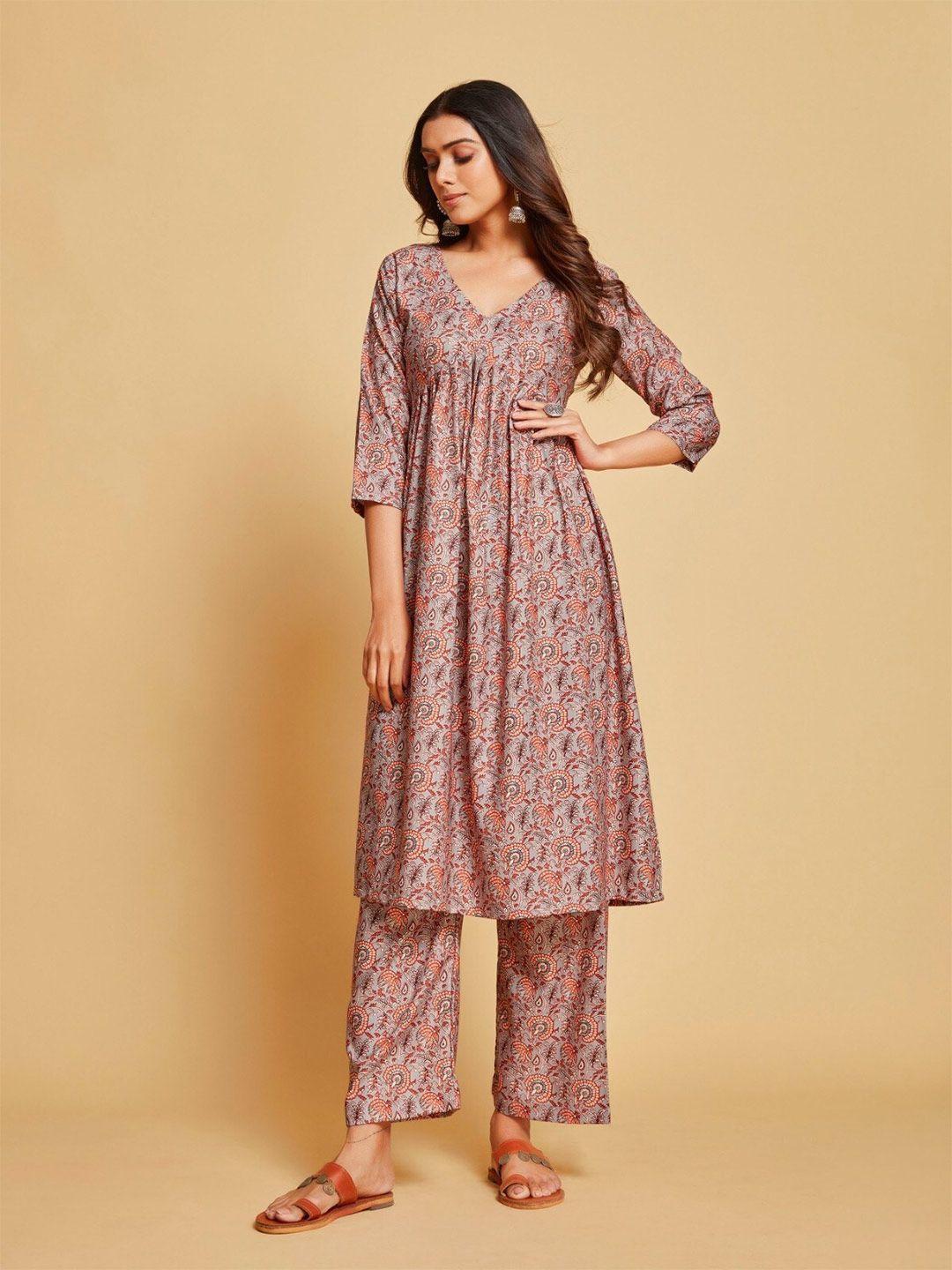 anubhutee floral printed v-neck pure cotton anarkali kurta with trouser