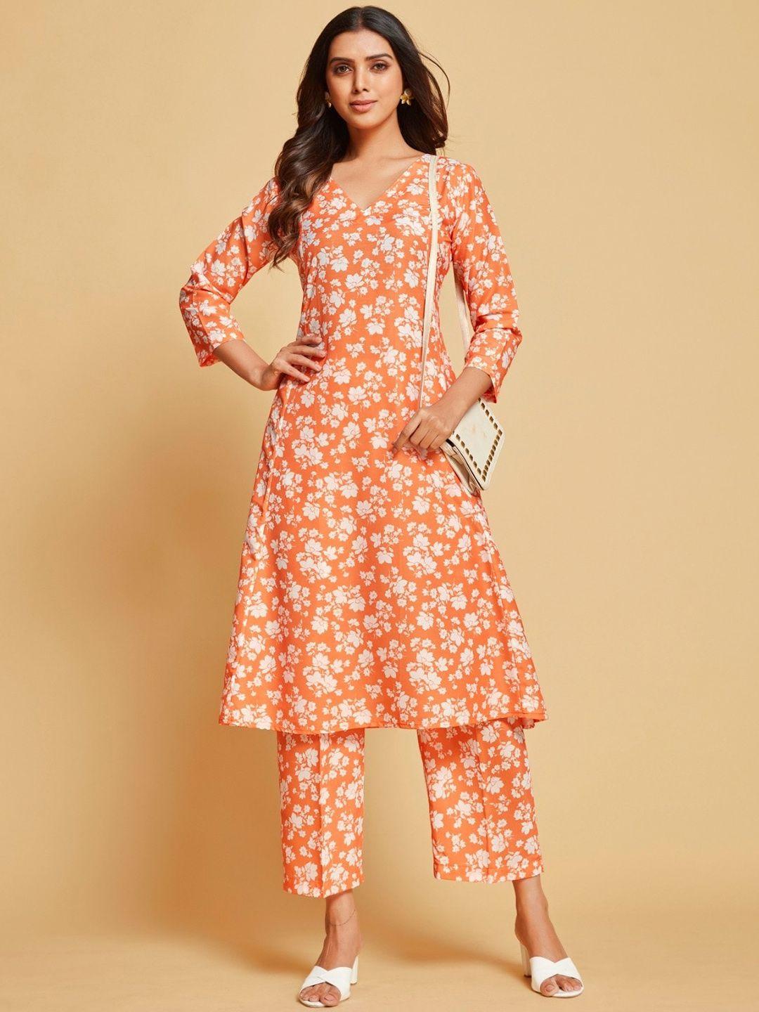 anubhutee floral printed v-neck regular sleeves pure cotton a-line kurta with trousers