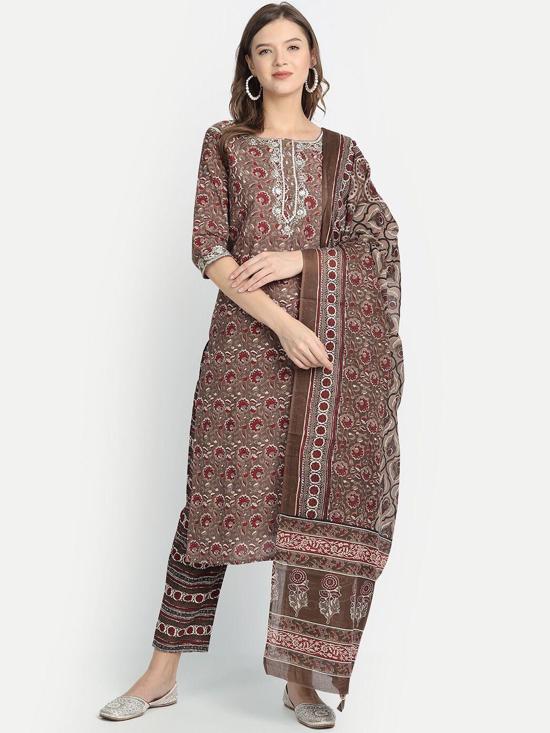 anubhutee floral printed zari detail pure cotton kurta with trousers & dupatta