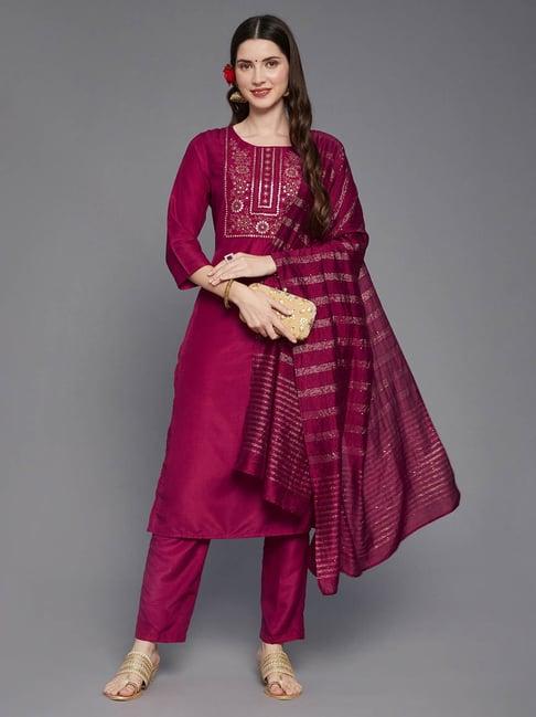 anubhutee fuchsia rayon embroidered kurta with pants & dupatta