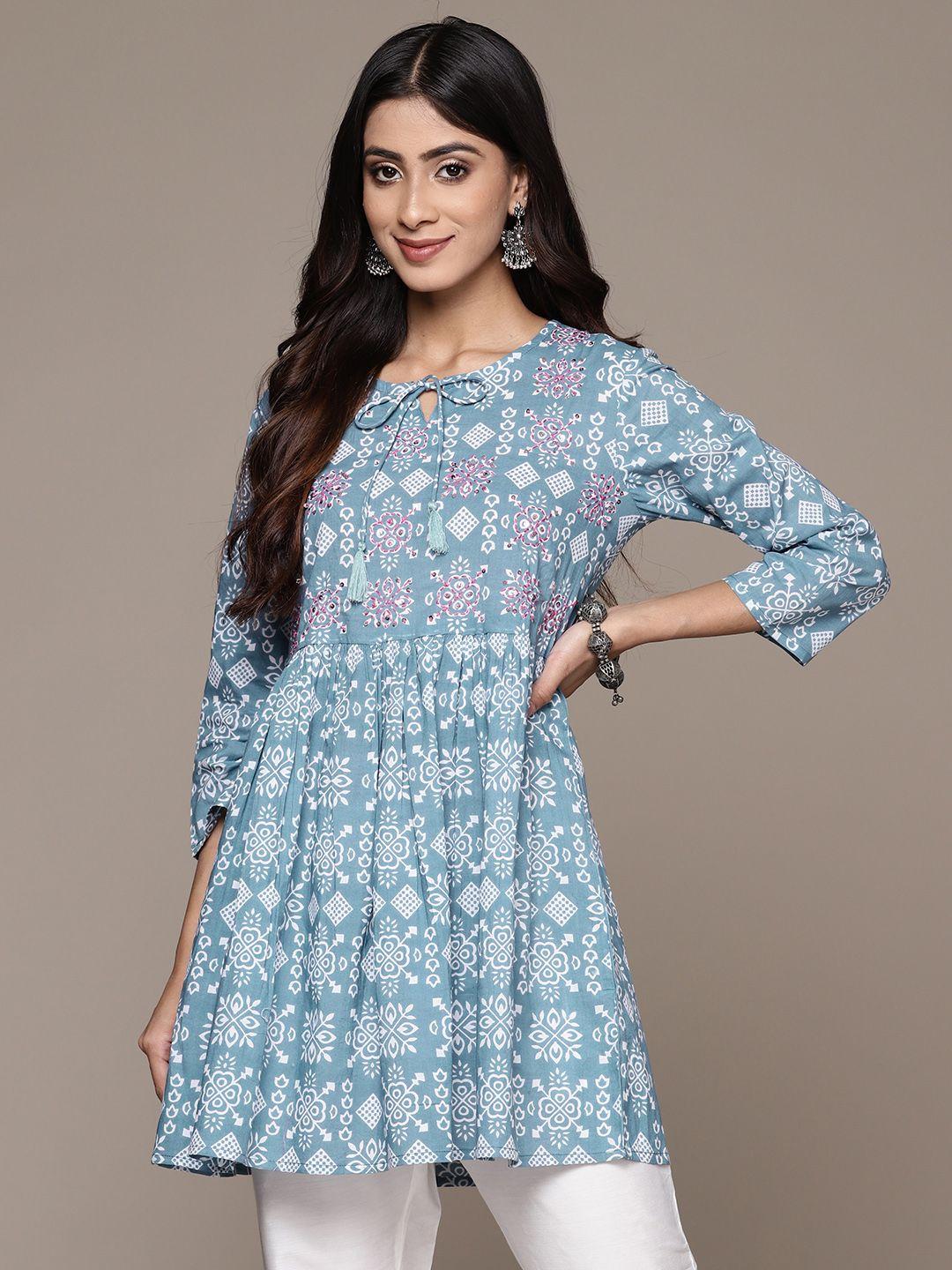 anubhutee geometric printed tie-up neck pure cotton sequinned pleated kurti