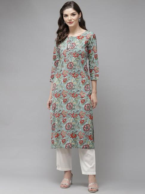 anubhutee green & white cotton embroidered kurta pant set