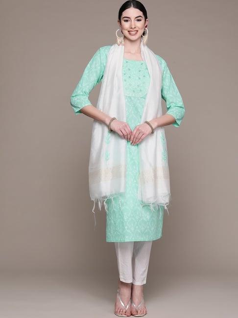 anubhutee green cotton embroidered kurta pant set with dupatta