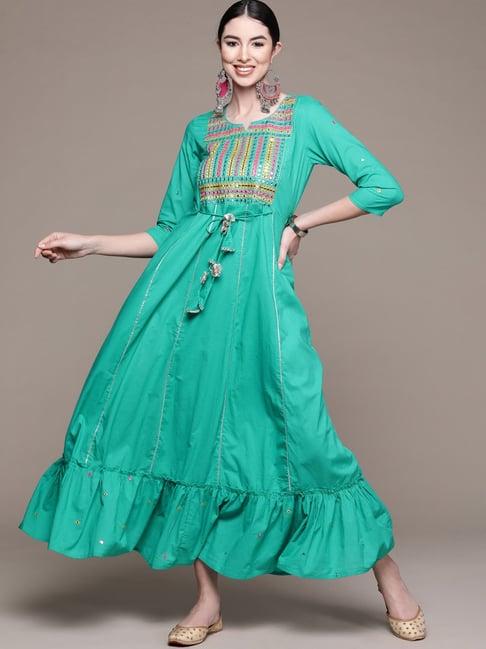 anubhutee green cotton embroidered maxi dress