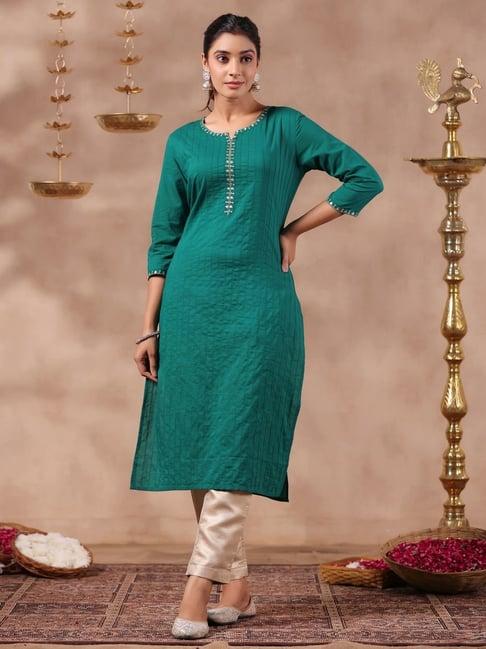 anubhutee green cotton embroidered straight kurta