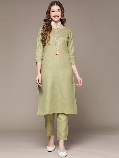 anubhutee green embroidered kurta pant set