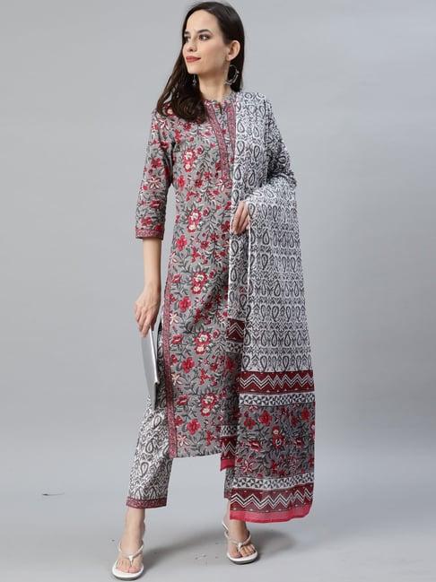 anubhutee grey printed kurta pant set with dupatta