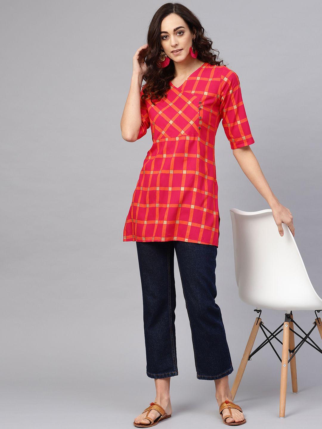 anubhutee magenta & orange checked angrakha kurti