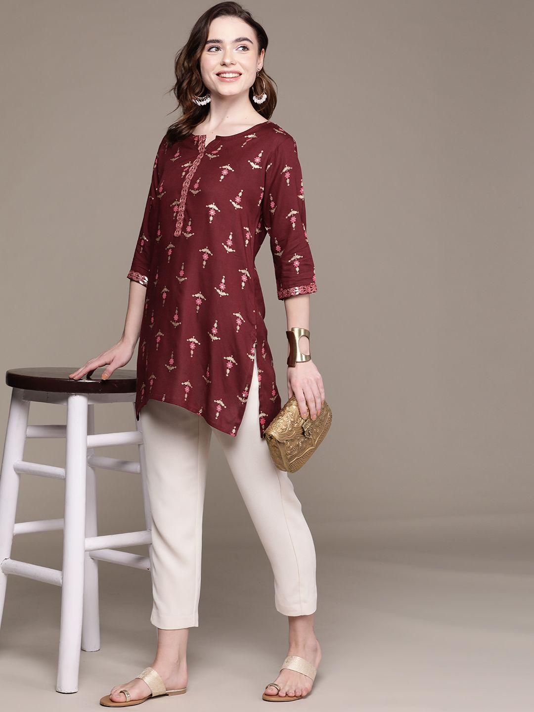 anubhutee maroon & off white ethnic motifs printed kurti