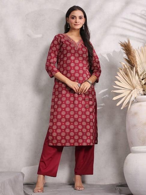 anubhutee maroon cotton printed kurta pant set