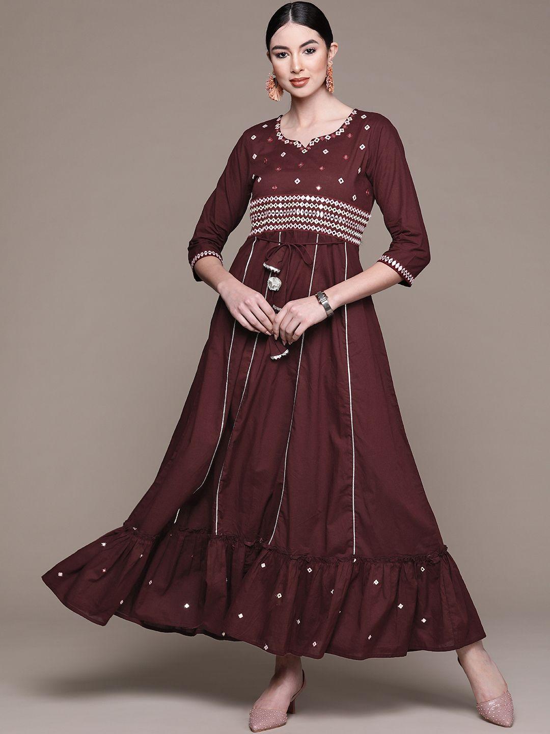 anubhutee maroon embroidered ethnic cotton a-line maxi dress