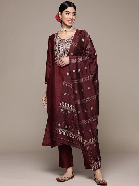 anubhutee maroon embroidered kurta pant set with dupatta
