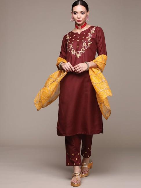 anubhutee maroon embroidered kurta pant set with dupatta