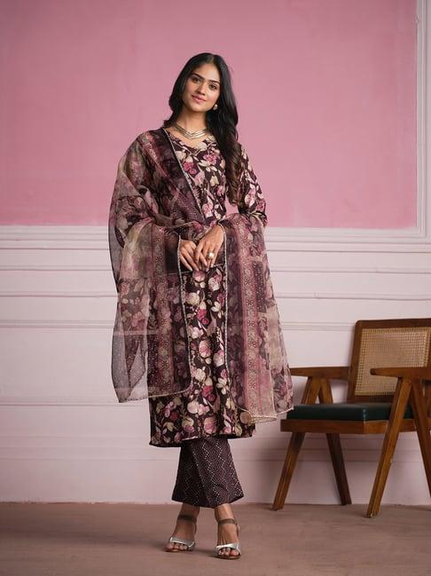 anubhutee maroon printed kurta with pant & dupatta