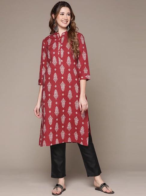 anubhutee maroon pure cotton woven pattern kurta